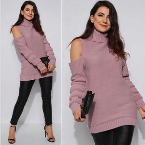 Mauve Cold Shoulder Turtleneck Sweater